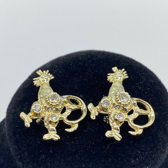Vintage Gold Tone Roosters Brooches With Rhinestone Accents Pins Set of 2 - Picture 5 of 9
